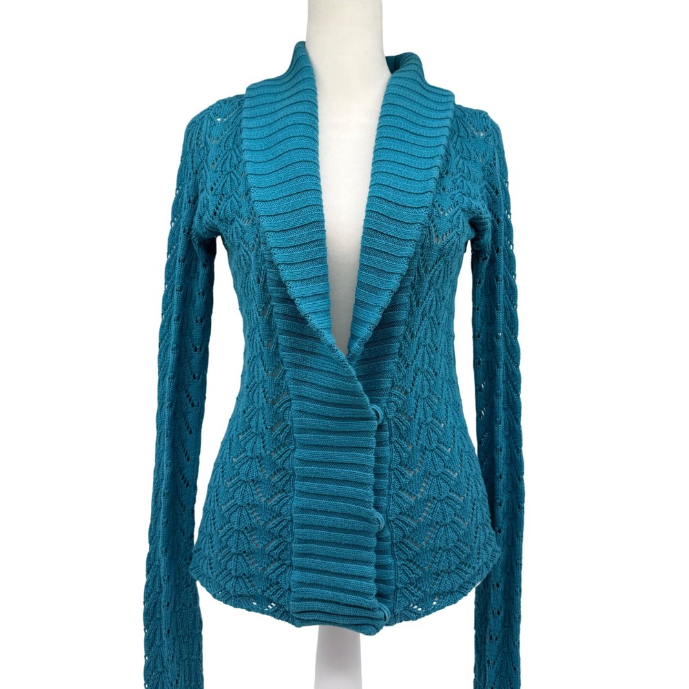 Hollister Women's Knit Cardigan Medium‎ Teal Blue Shawl Collar Y2K Mean Girls